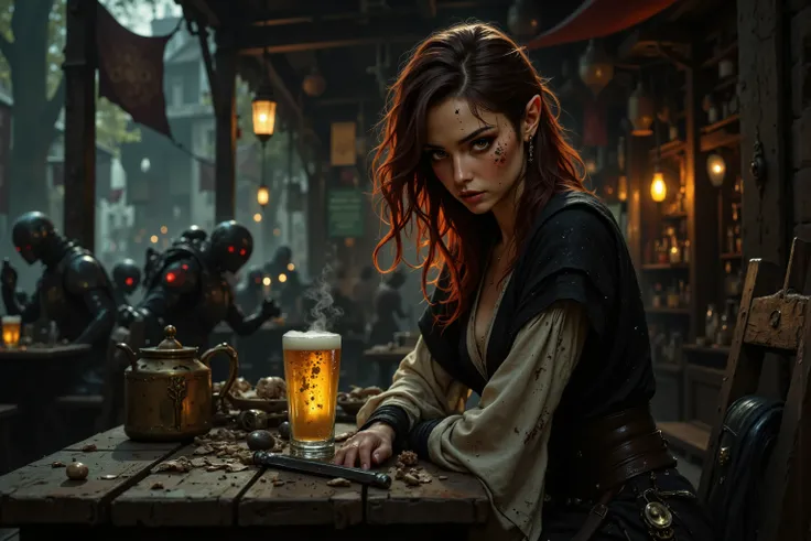 A graceful Asian female elven sorceress, clad in tight layered dark armor and leggings. Sitting at a scarred picnic table in a crowded, rowdy European medieval beergarden surrounded by machine monsters, Her dark hair complements the black ruby and gold ele...
