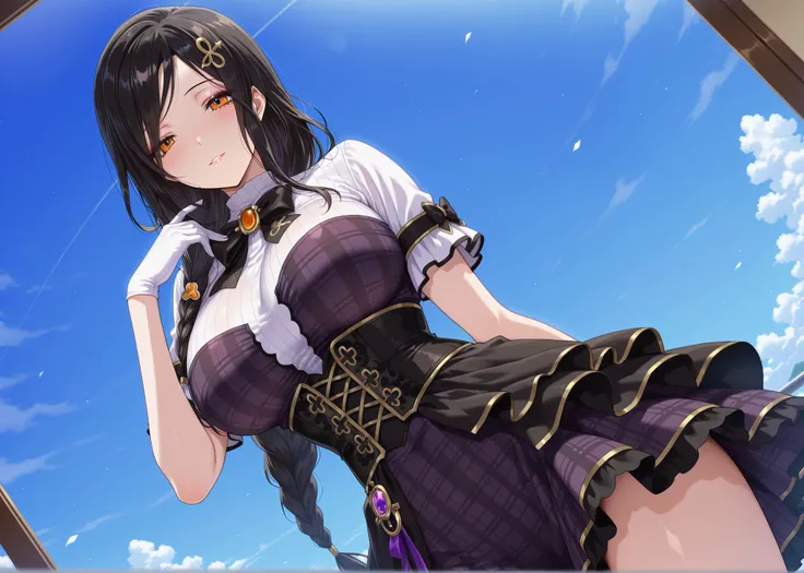 solo,masterpiece,best quality, amazing quality, highres, absurdres, very aesthetic, high resolution, ultra detailed, perfect details,nijitomoe,large breasts,orange eyes,black hair,makeup,long hair,single braid,hair over sholuder,hair ornament,  trailblazer...