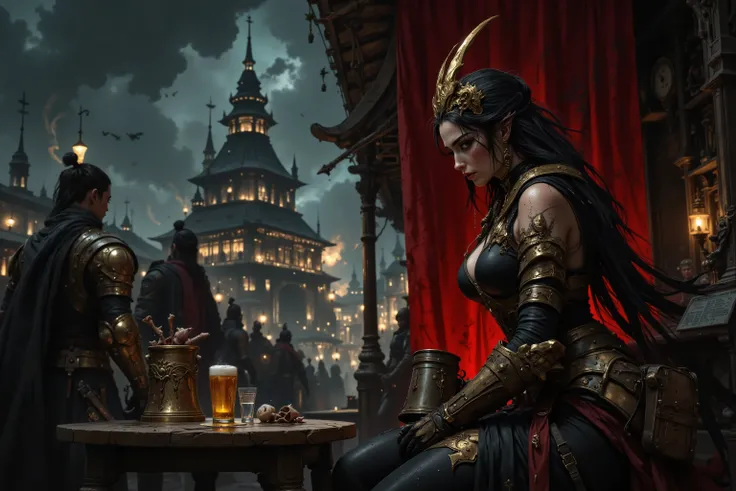 A graceful Asian female elven ninja sorceress, clad in tight layered dark armor and leggings. Sitting at a scarred picnic table in a crowded, rowdy European medieval beergarden surrounded by machine monsters, Her dark hair complements the black ruby and go...