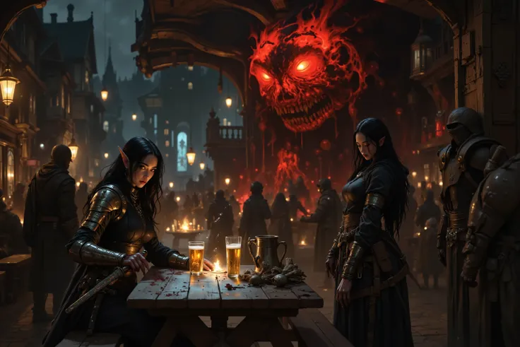 A graceful Asian female elven ninja sorceress, clad in tight layered dark armor and leggings. Sitting at a scarred picnic table in a crowded, rowdy European medieval beergarden surrounded by machine monsters, Her dark hair complements the black ruby and go...