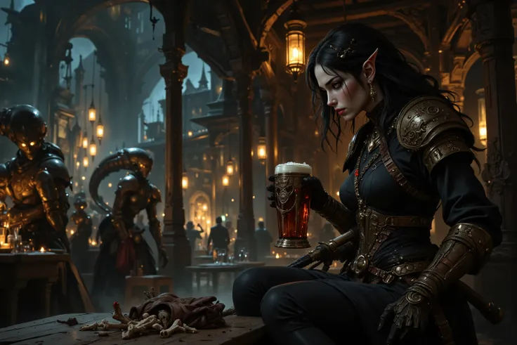 A graceful Asian female elven ninja sorceress, clad in tight layered dark armor and leggings. Sitting at a scarred picnic table in a crowded, rowdy European medieval beergarden surrounded by machine monsters, Her dark hair complements the black ruby and go...