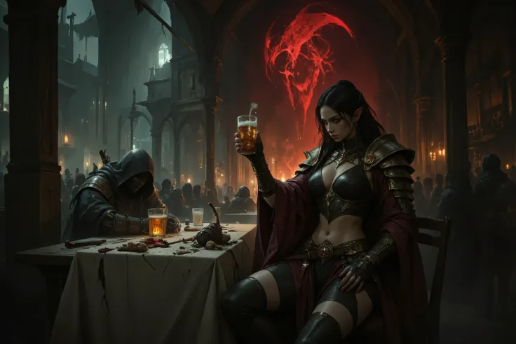 A graceful Asian female elven ninja sorceress, clad in tight layered dark armor and leggings. Sitting at a scarred picnic table in a crowded, rowdy European medieval beergarden surrounded by machine monsters, Her dark hair complements the black ruby and go...