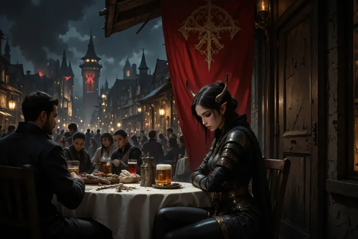 A graceful Asian female elven ninja sorceress, clad in tight layered dark armor and leggings. Sitting at a scarred picnic table in a crowded, rowdy European medieval beergarden surrounded by machine monsters, Her dark hair complements the black ruby and go...