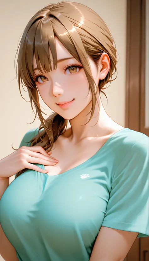 On a break day,Poyo Poyo , pink lips,Smile,ponytail,realistic, On、And I can see my chest through the t-shirt、tempts、put your hand on your chest、