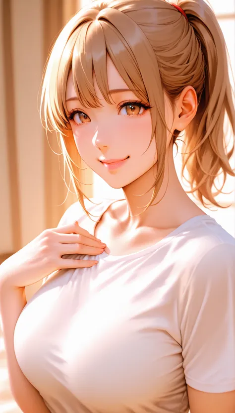 On a break day,Poyo Poyo , pink lips,Smile,ponytail,realistic, On、And I can see my chest through the t-shirt、tempts、put your hand on your chest、
