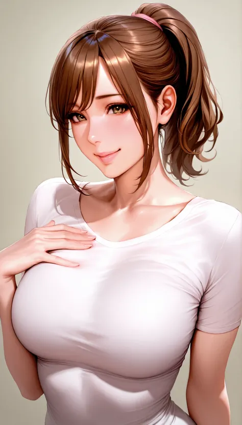On a break day,Poyo Poyo , pink lips,Smile,ponytail,realistic, On、And I can see my chest through the t-shirt、tempts、put your hand on your chest、