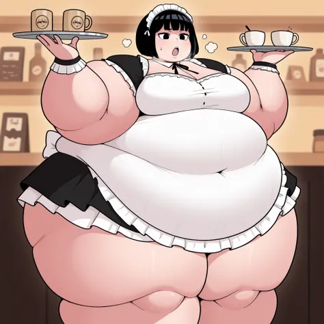 one woman、solo,Maya Hell,black eyes,dark hair,bob cut,Maid Outfit、White Apron、White Headdress、she has a tray、cafe fat, chubby, obese, gigantic arms and legs, large breasts open mouth, out of breath