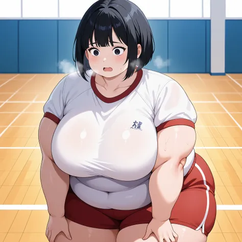 One girl stands hunched over,solo,mayahell,black hair,dark eyes,bob cut,white gym clothes and red shorts、anxious look、volleyball court fat, chubby, obese, gigantic arms and legs, large breasts open mouth, out of breath