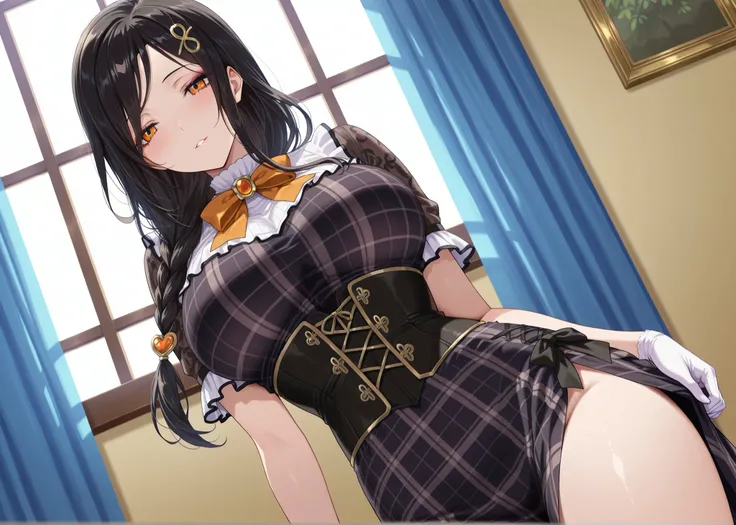 solo,masterpiece,best quality, amazing quality, highres, absurdres, very aesthetic, high resolution, ultra detailed, perfect details,nijitomoe,large breasts,orange eyes,black hair,makeup,long hair,single braid,hair over sholuder,hair ornament,  trailblazer...