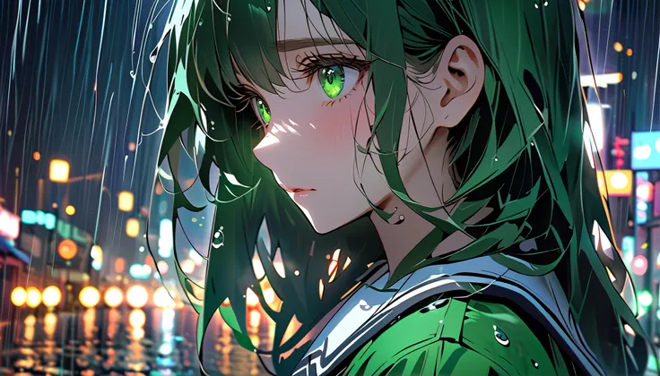 anime-style girl with long black hair and vivid moss green eyes, walking alone in heavy rain at night. Her makeup runs down her face. Her uniform is soaked. She looks up blankly as raindrops fall, her eyes reflecting city lights and emotional exhaustion. 1...