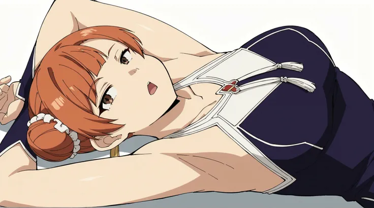 score_9, score_8_up, score_7_up, source_anime, anime screencap, 1girl, solo, LaufenSSnF, orange hair, short hair, hair bun, brown eyes, tassel, china dress, purple dress, sleeveless, halterneck, badhandv4, Raise arms straight up over head, armpit, head tow...