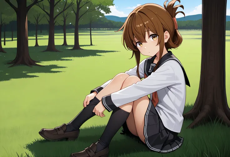 1girl, inazuma \(kancolle\), brown hair, folded ponytail, long hair, brown eyes anchor symbol, black sailor collar, long sleeves, neckerchief, school uniform, serafuku, pleated skirt, black skirt, black socks, loafers,,looking at viewer,outdoors, sky,grass...