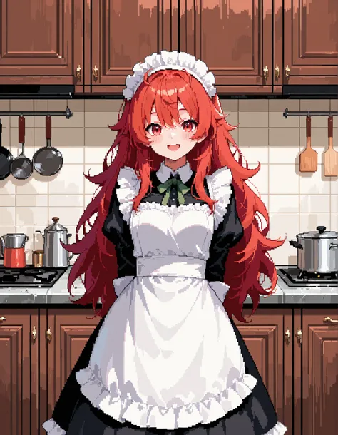 masterpiece, best quality, high resolution, absurdres, 1girl, pixstyle, maid, maid_headdress, black_dress, red_hair, red_eyes, very_long_hair, messy_hair, arms_behind_back, happy, kitchen, indoors
