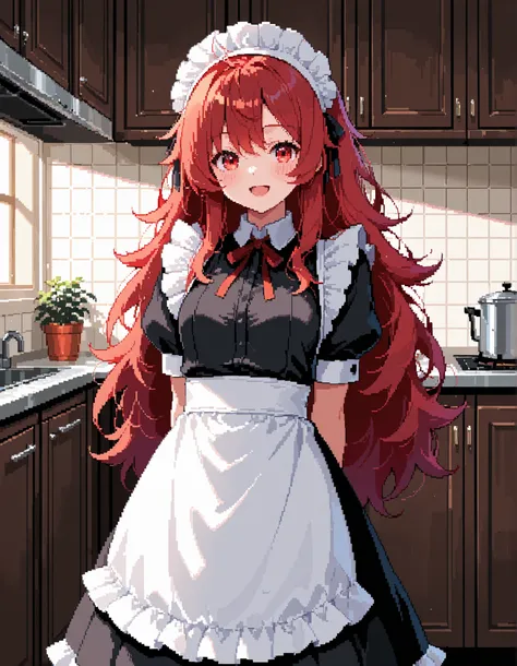 masterpiece, best quality, high resolution, absurdres, 1girl, pixstyle, maid, maid_headdress, black_dress, red_hair, red_eyes, very_long_hair, messy_hair, arms_behind_back, happy, kitchen, indoors