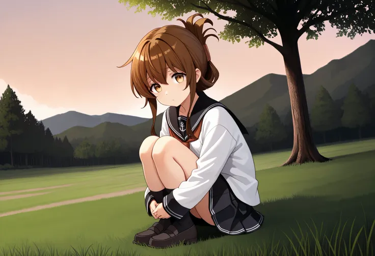 1girl, inazuma \(kancolle\), brown hair, folded ponytail, long hair, brown eyes anchor symbol, black sailor collar, long sleeves, neckerchief, school uniform, serafuku, pleated skirt, black skirt, black socks, loafers,,looking at viewer,outdoors, sky,grass...