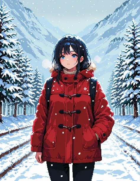 masterpiece, best quality, high resolution, absurdres, 1girl, pixstyle, pixel_art,  winter, winter_clothes, outdoors, snowing, falling_snow