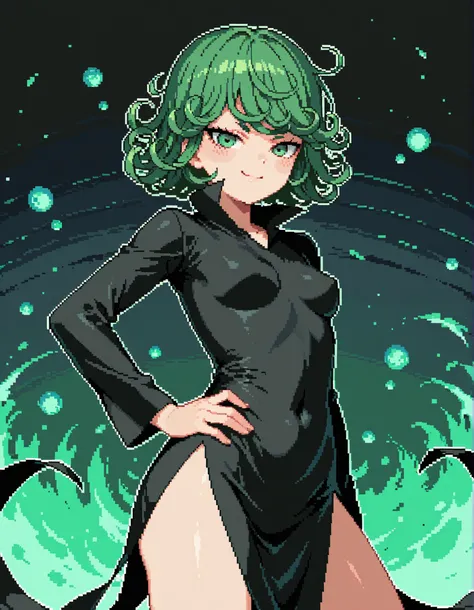 Tatsumaki, pixstyle, pixel_art, 1girl, solo, green_hair, green_eyes, curly_hair, short_hair, black_dress, long_sleeves, smile, hand_on_own_hip