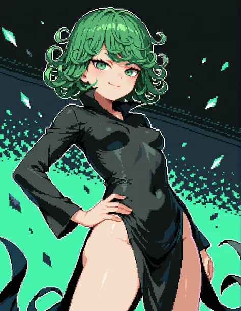 Tatsumaki, pixstyle, pixel_art, 1girl, solo, green_hair, green_eyes, curly_hair, short_hair, black_dress, long_sleeves, smile, hand_on_own_hip