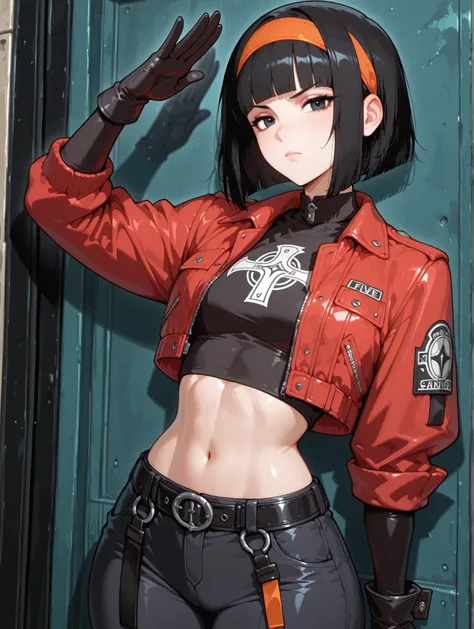 One girl、masterpiece、top quality、uncensored、32k、masterpiece、full five fingers, pan xeno, short hair, bangs, black hair, gloves, navel, jacket, hairband, open clothes, black gloves, midriff, belt, pants, blunt bangs, black eyes, crop top, black shirt, red j...