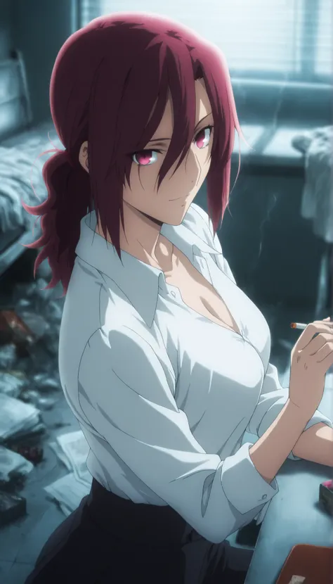 masterpiece, best quality, amazing quality, highres, absurdres, very aesthetic, high resolution, ultra detailed, perfect details, midnight, solo, 8k, indoors, ufotable style, dark room,(dark concrete, backlight),messy room, blinds , from side, from above,...