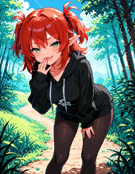 pixstyle, pixel_art, masterpiece, best quality, high resolution, absurdres, 1girl, pixstyle, red_hair, elf, pointy_ears, smug, green_eyes, two_side_up, medium_breasts, hand_on_own_mouth, fang, smug, looking_at_viewer, outdoors, trees, grass, day, sky, blac...