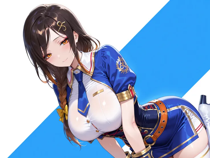 solo,masterpiece,best quality, amazing quality, highres, absurdres, very aesthetic, high resolution, ultra detailed, perfect details,nijitomoe,large breasts,orange eyes,black hair,makeup,long hair,single braid,hair over sholuder,hair ornament, glorious azu...