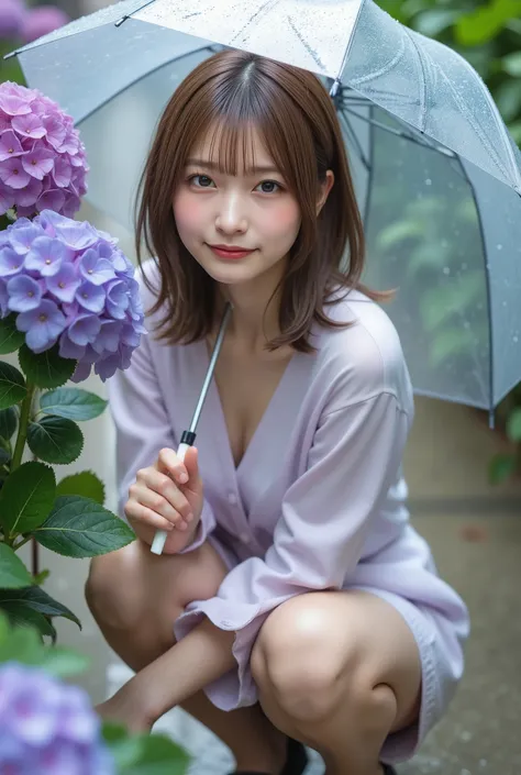 crouching and looking at hydrangea flowers、in 8K:1.5,Best Quality:1.4, 超A high resolution:1.5, (Photorealistic:1.4),masterpiece:1.2,(top-quality:1.4)、Raw photo、1a japanese girl、Cute、 (RAW photo:1.2), (photorealistic:1.4), a girl with a beautiful detailed ...