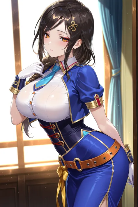solo,masterpiece,best quality, amazing quality, highres, absurdres, very aesthetic, high resolution, ultra detailed, perfect details,nijitomoe,large breasts,orange eyes,black hair,makeup,long hair,single braid,hair over sholuder,hair ornament, glorious azu...
