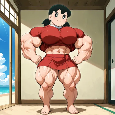 score_9, source_anime, rating_safe BREAK 1girl, solo, minamoto shizuka \(doraemon\), black hair, low twintails , short twintails, black eyes, smile, white solo, long Shot, looking at viewer, eye level shot, big pec's, over-sized breast ,dark red dshirt and...