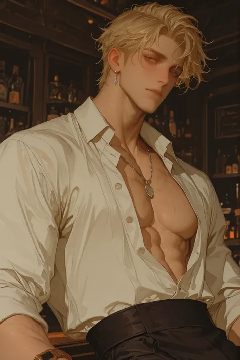 (chỉ một người đàn ông ) a handsome bartender, short ligh blonde hair , shirt , watch,open button shirt, silver earrings,necklace,chest muscles, chest sweat.