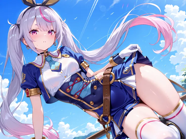 solo,masterpiece,best quality, amazing quality, highres, absurdres, very aesthetic, high resolution, ultra detailed, perfect details,M1m1Smmr, pink eyes, grey hair, pink hair, multicolored hair, long hair, twintails, black bow hairband, hair ornament, earr...