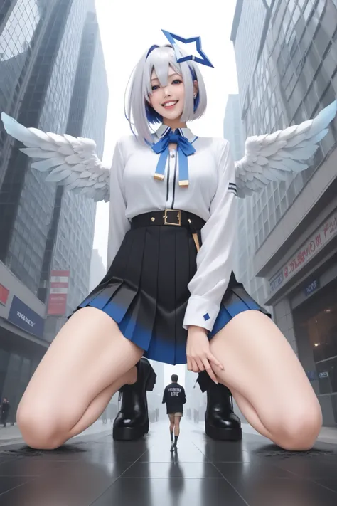 (masterpiece, top quality), Delicate Details, Angel Wings, facing upward,
1girl, Kanatarundu, kanata six, crouch down, urban background、Reach your hand below your waist、Smile、Outdoors、Building on the site in the background、The building in the fore...