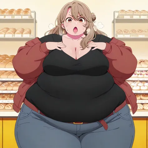 masterpiece, best quality, amazing quality,, miyako saitou, saitou miyako, long hair, brown hair, brown eyes, hair bun, single hair bun,, mature female, breasts, anime screencap, shirt, collarbone, jacket, belt, pants, black shirt, casual, cleavage,, hands...