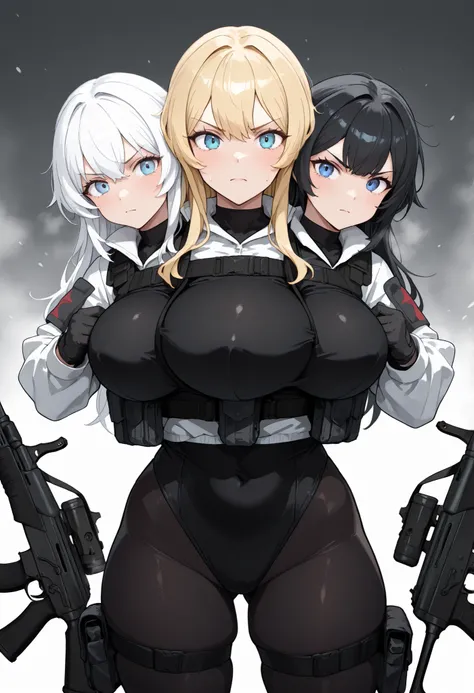 conjoined, 3girls, 3heads, three heads, a tall thin girls with 3heads, TripleTits, three breasts, black hair, white hair, blonde hair, long hair, blue eyes, large breasts, black leotard, black bodysuit, black pantyhose, bulletproof vest, loose black gaiter...