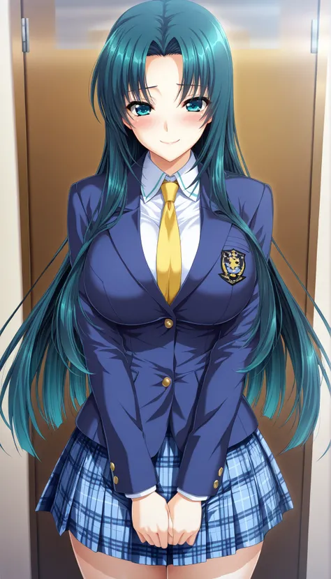 masterpiece, best quality, good quality, 1girl, Minase Sayuri, teal hair, curtained, parted in middle, teal eyes, large medium breast, slim, game cg style, blush, horny, slutty, smile, navy blue blazer, collared shirt, yellow tie, blue plaid skirt