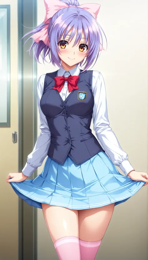 masterpiece, best quality, good quality, 1girl, Fujimori Karin, violet hair, ponytail, short hair, pink bow, parted in middle, amber eyes, medium breast, slim, game cg style, blush, horny, slutty, smile, light blue collared shirt, dark-blue vest, red bow t...