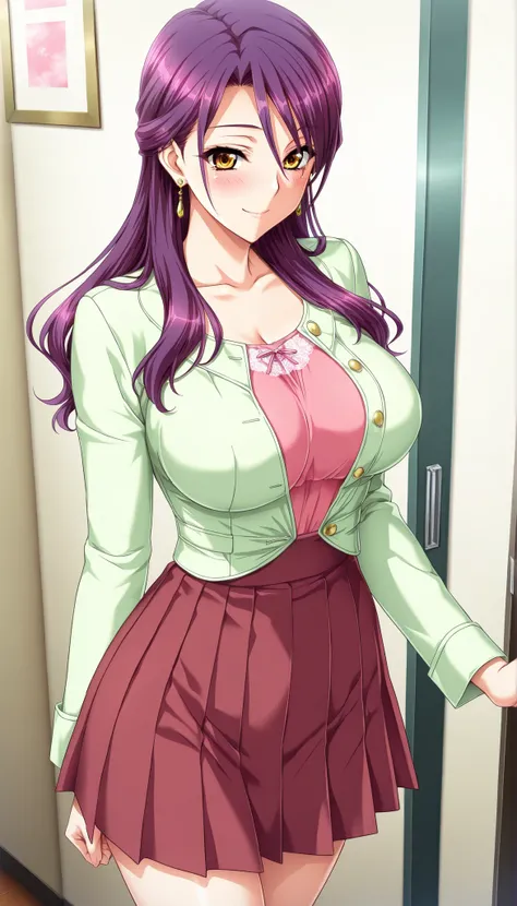 masterpiece, best quality, good quality, 1girl, Sakakibara Kaoruko, violet hair, curtained, long hair, parted to side, amber eyes, large medium breast, slim, game cg style, blush, horny, slutty, smile, light green jacket,  pink inner blouse,  burgundy plea...