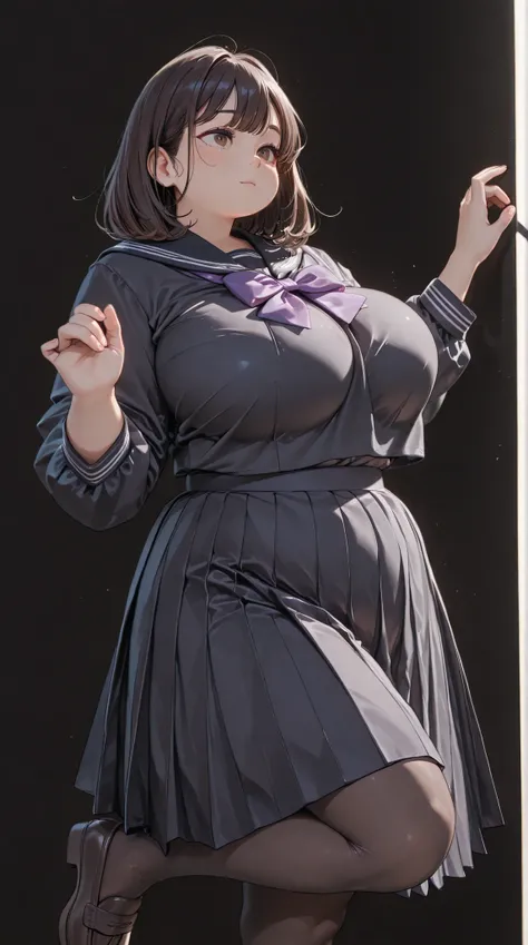 Shelley Gee, (masterpiece, top quality, high definition: 1.2), , Alone, brown eyes、Fix Problems、SUPER BIG BOOBS、big waist、Cylindrical Body、No facial expression、  jet black background  、dark hair、Obese 、bang、plump body、
Moving Pose、Big breasts、
medium hair、...