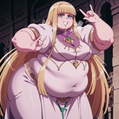 masterpiece, best quality, amazing quality,,  1 girl, solo, calca bessarez, long hair,bangs, blue eyes, blonde hair, very long hair, green eyes, blunt bangs, mature female, medium breasts, anime screencap,  killer queens pose, killer queens's pose (jojo), ...