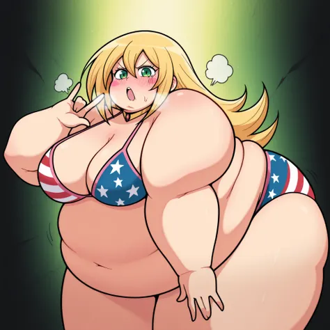 masterpiece, best quality, amazing quality,,  dark magician girl, blonde hair, choker, green eyes, long hair, blush, blush stickers, breasts, mature female, anime screencap,  american flag bikini, bikini,,  killer queens pose, killer queens's pose (jojo), ...
