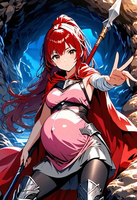 High Resolution, High Quality, High Details, cave scene, night, 1girl, red hair, long Ponytail, brown eyes, medium breasts, red cloak, pink tunic, grey skirt, black leggings, armor boots, looking at viewer, holding spear, pregnant belly, right arm covered ...