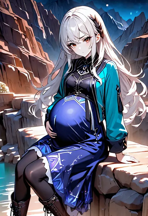 High Resolution, High Quality, High Detail, mountain canyon, night, 1girl, white hair, brown eyes, medium breast, pale skin, vampire, cyan jacket, black vest, indigo skirt, black leggings, leather boots, sitting on ledge, looking at viewer, bored expressio...