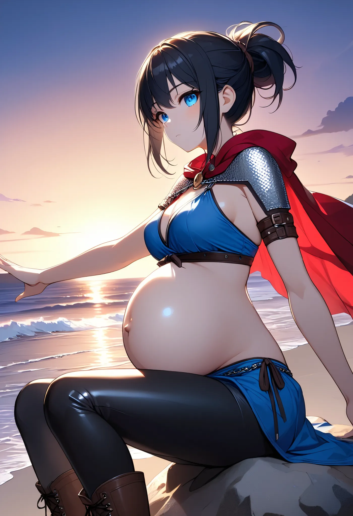 High Resolution, Masterpiece, 4K, beach, (night), 1girl, black hair, tied hair, blue eyes, medium breasts, red cape, blue tunic, chainmail bikini, black leggings, leather boots, sitting on rock, looking at viewer, stoic expression, stretching, pregnant, fl...