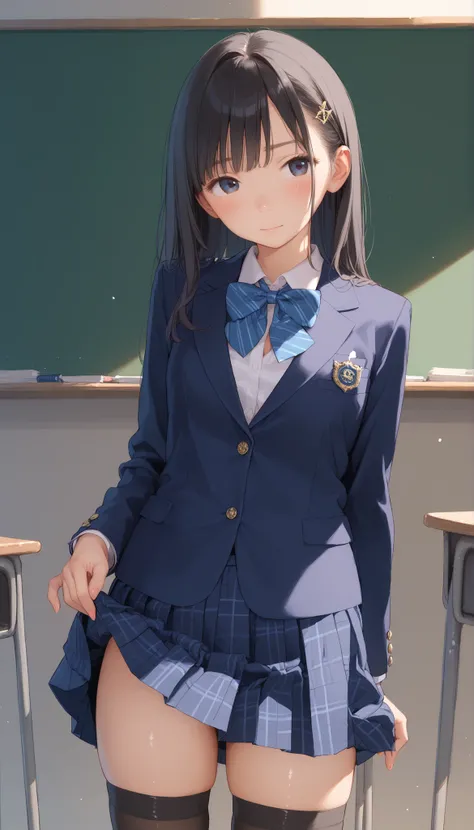 ((nsfw)), 1girl,black_hair,black_eyes,((Top quality)), ((Masterpiece)), ((Ultra precision)), ((Ultra detailed illustration)),solo, {{{{from front}}}},skirt,school uniform,blazer,(The location is classroom),8K,Embarrassing,long hair,Thighhighs,(skirt lift b...