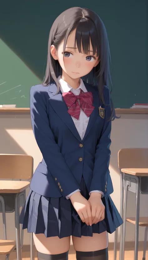 1girl,black_hair,black_eyes,((Top quality)), ((Masterpiece)), ((Ultra precision)), ((Ultra detailed illustration)),solo, {{{{from front}}}},skirt,school uniform,blazer,(The location is classroom),8K,Embarrassing,long hair,Thighhighs