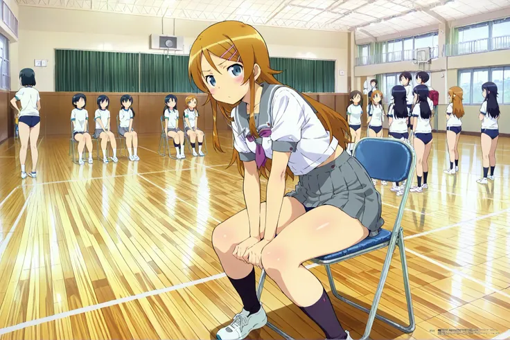 kousaka kirino,long hair, hairclip, school uniform, grey sailor collar, purple neckerchief, white shirt, short sleeves, pleated skirt, grey skirt,thick thighs,sitting on the chair grasping one's knees (as in a gym class),masterpiece,best quality,amazing qu...