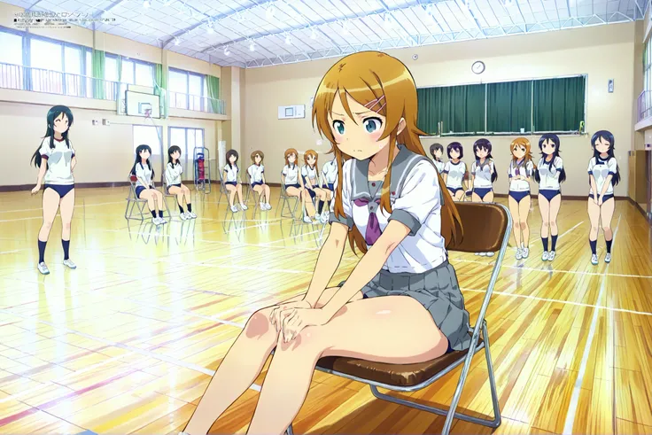 kousaka kirino,long hair, hairclip, school uniform, grey sailor collar, purple neckerchief, white shirt, short sleeves, pleated skirt, grey skirt,thick thighs,sitting on the chair grasping one's knees (as in a gym class),masterpiece,best quality,amazing qu...