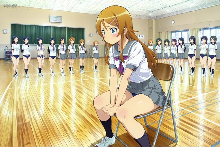 kousaka kirino,long hair, hairclip, school uniform, grey sailor collar, purple neckerchief, white shirt, short sleeves, pleated skirt, grey skirt,thick thighs,sitting on the chair grasping one's knees (as in a gym class),masterpiece,best quality,amazing qu...