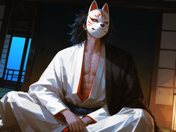 upper shot, dutch angle, looking away, makes an aesthetic, Master piece, Best Quality, ultra detailed, a handsome man, (man:1.4), solo, (male:1.hort Hair, black messy hair, squinting, toned, white kimono , black Japanese coat, sitting, indian style, half h...