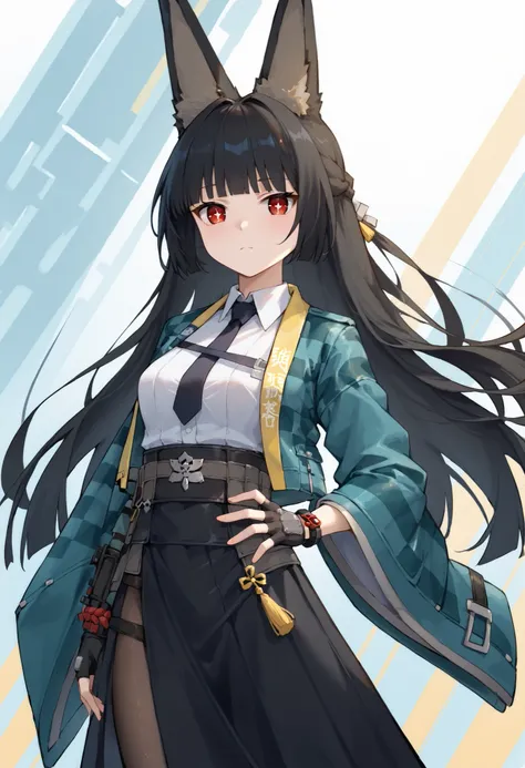 score_9, score_8_up, score_7_up, source_anime,dutch angle, absurdres,miyabihoshimi,  miyabi hoshimi,animal ear fluff, animal ears, black hair, bright pupils, fox ears, fox girl, half updo, long hair, red eyes, sidelocks, white pupils,
asymmetrical gloves, ...